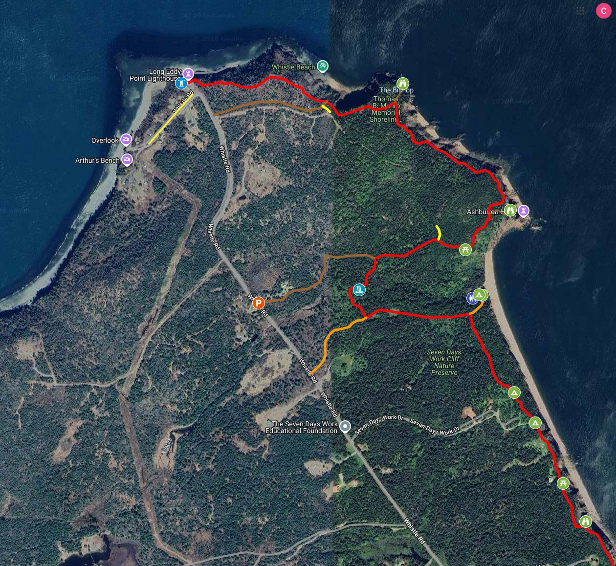 Screenshot from Hiking NB showing location of the Long Eddy Point Lighthouse and other features near the North Head formation on Grand Manan, NB.
